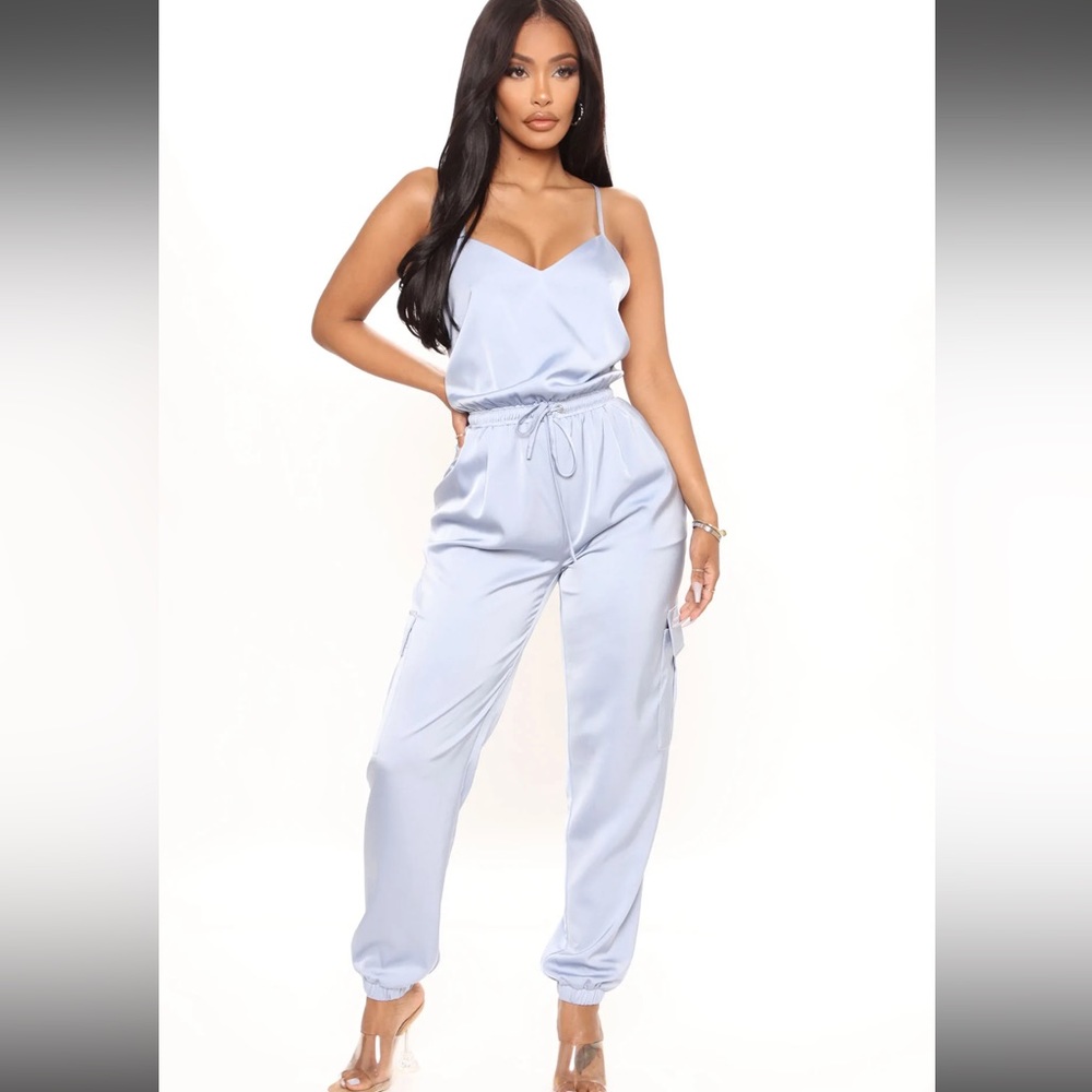 Fashion Nova Satin Jumpsuit in light blue size small